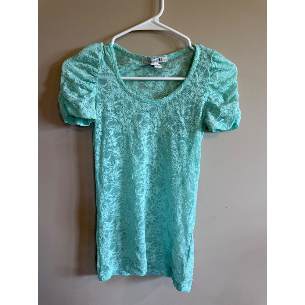 Forever 21 Women's Aqua Lace‎ Puff Sleeve V-Neck T-Shirt Top Size S